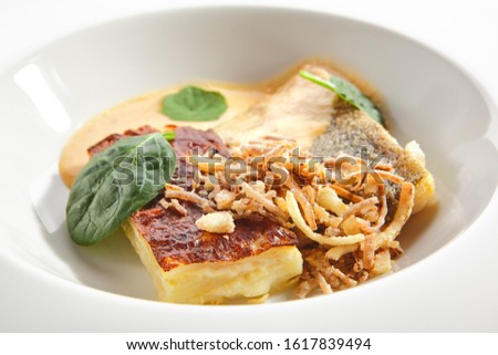 Baked halibut fillet with parsnip cream, fresh spinach and gourmet sauce on restaurant plate isolated. Grilled sea food, white fish, pollock or cod steak and deep fried onions closeup