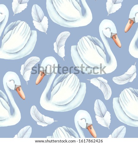Seamless pattern of swans and feathers. On a blue background. Watercolor hand drawing.
