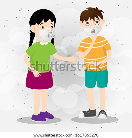 Little boy or child wearing Mask protect pollution Dust PM2.5 with smoke background. Vector illustration in flat cartoon design.
