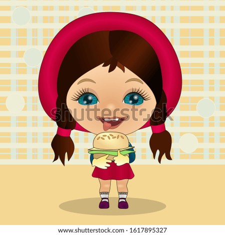 cool happy smiling girl stands sticking out her tongue with pleasure and holds a hamburger, color vector detailed illustration
