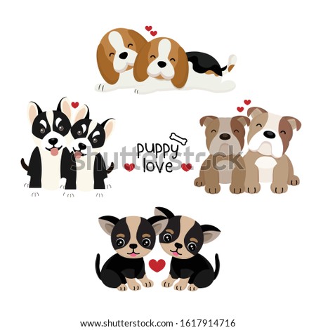 Set of illustration with couple of puppy in love. 