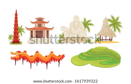Travel to Vietnam. Traditional Cultural Symbols and Sights with Buddha Statue and Pagoda