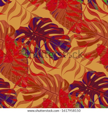 Palm Leaves. Red Seamless Pattern with Leaves of exotic Trees. Retro Texture for, Paper, Fabric, Dress. Bright Leaves of Palm Tree.