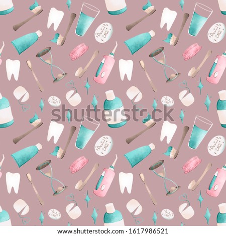 Digital illustration simple daily dental care. Seamless pattern. Print for posters, stickers, packaging.