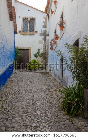 Narrow old cobblestone street. White houses of old town Obidos in Portugal, artistic picture