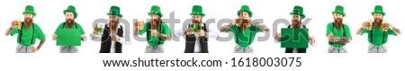 Collage with bearded man on white background. St. Patrick's Day celebration