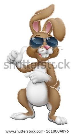 Easter bunny rabbit cartoon character in cool sunglasses or shades giving a thumbs up and pointing