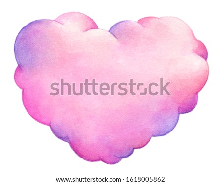 Watercolor heart shaped pink cloud. Isolated on white background. Hand painted illustration for Valentine's day or love projects.