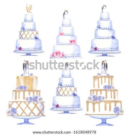 Clip art set with  wedding cakes, roses, hydrangeas, gold elements. 
Isolated elements on a white background.
 Stock illustration hand painted in watercolor.