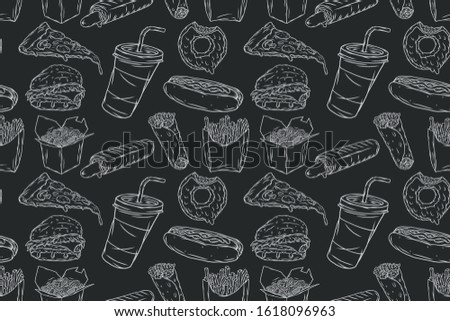 Seamless pattern of monochrome illustrations of fast food elements - burger, pizza, wok, kebab, hot dogs, cup and fries..