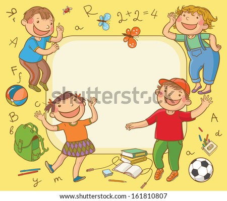 Happy School Children Card. Back to School and Sport isolated objects on yellow background. Great illustration for a school books and more. VECTOR. Editorial. Education. Advertising. Board.