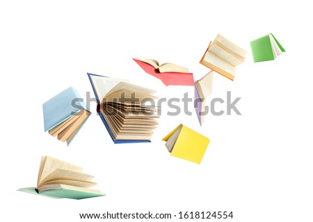 Colorful hardcover books flying on white background Royalty-Free Stock Photo #1618124554