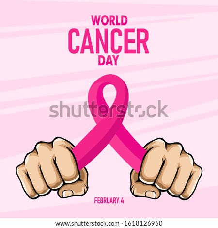 4th February world Cancer Day vector illustration. Holding hands with pink ribbon. Cancer Awareness icon design for poster, banner, card.