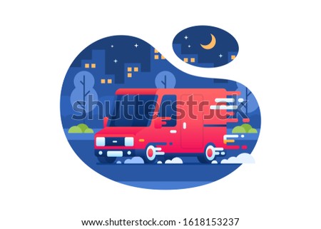 Delivery truck vector. Red minivans deliver packages at night very fast.