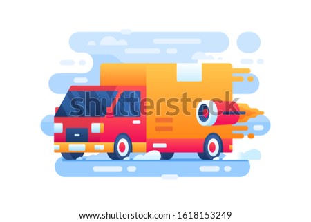 Delivery truck vector with turbo machine delivering a box very fast.