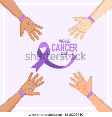 palms hands with lavender purple ribbon Cancer Awareness background icon design. Solidarity concept. 4th February world Cancer Day vector illustration. 