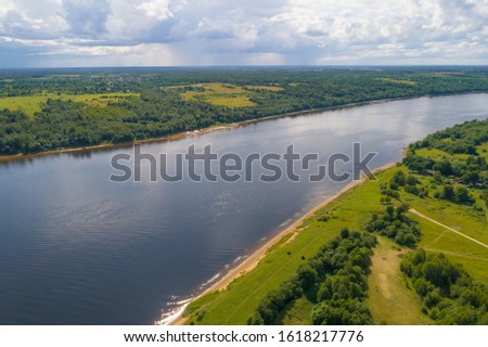 Volga River on a cloudy July day (aerial photography). Yaroslavl region, Russia