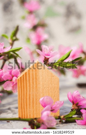 Spring photo of a blossoming tree and a house close-up and copy space. Postcard concept with a miniature wooden house. Trending pink shades.