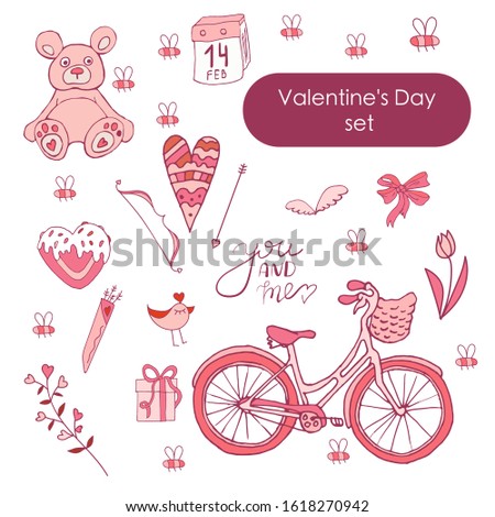 Valentine's day set. Vector illustration. Doodles. Pink set.
