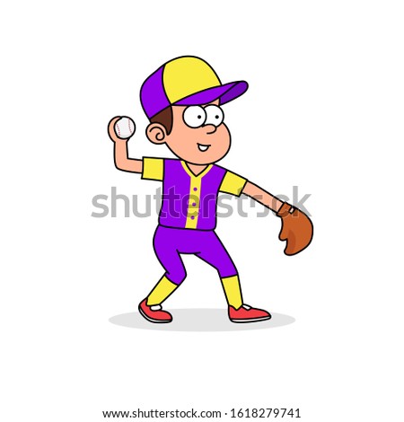 Baseball player throw ball, retro cartoon vector sport illustration