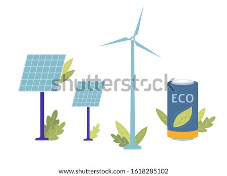 Green energy source set - solar panel, windmill and eco battery isolated on white background. Modern technology for better ecology. Flat vector illustration