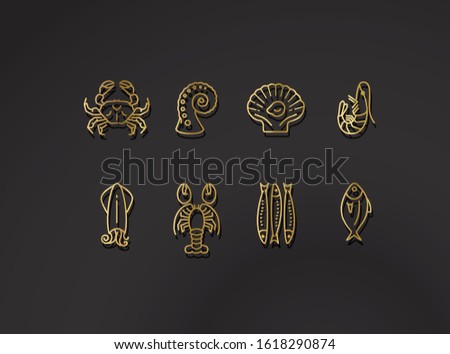 Golden seafood icons collection on black background. Vector illustration