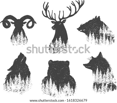 Vector illustration of wild animals heads transitioning into forest set. Simple stencil silhouette icon drawings. Deer, wild boar, wolf, bear, fox, mountain goat. Vintage hand drawn style