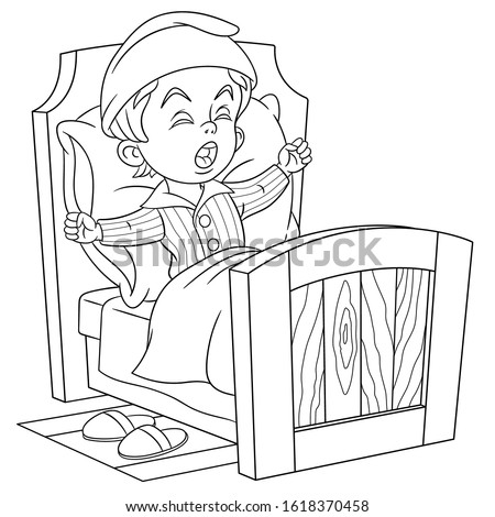 Coloring page. Coloring picture of cartoon boy lying in bed and yawning. Childish design for kids activity colouring book about people lifestyle.