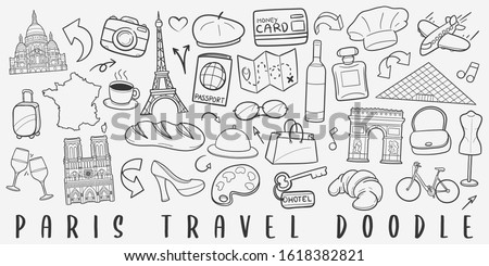 Paris Travel Doodle Line Art Illustration. Hand Drawn Vector Clip Art. Banner Set Logos.
