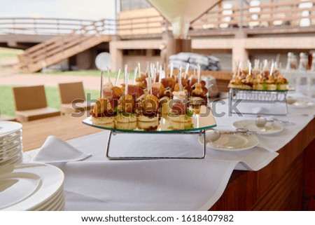 Buffet table with snacks, canape and appetizers at luxury wedding reception outdoors, copy space. Serving food at event. Catering banquet table