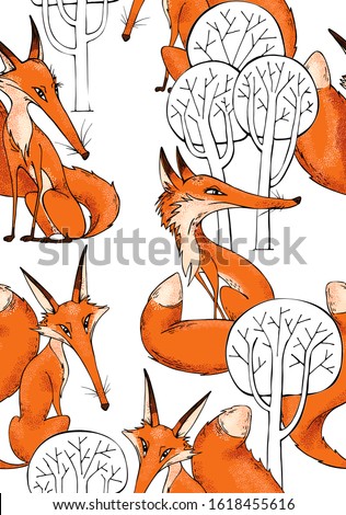 Seamless wallpaper pattern. Funny Cartoon Fox Characters in a forest. Textile composition, hand drawn style print. Vector illustration.