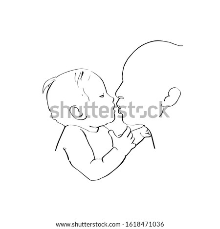 Mother hugs and kisses  her baby. Baby and mom. Hand draw single line art. Outline. Happy maternity.   Sketch for Icon, logo, sign, posters . Isolated vector illustration. cheerful Newborn on the hand