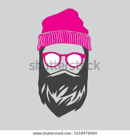 Graphic illustration of a man in a cap in glasses and with a beard. Linear style logo. A hunter in a calf winter hat. Hairstyle stylist. Barbershop logo. Instagram content.Hipster