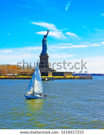 Boat at Statue on Liberty Island, USA, in Upper New York Bay on Manhattan City Area, America. American architecture. Metropolis NYC. Cityscape. Hudson, East River NY. Symbol of Freedom. Mixed media.