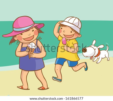 Happy Little Kids Walking Together on the ocean Beach. Children illustration for School books, picture books, advertising, magazines and more. Separate Objects. VECTOR.