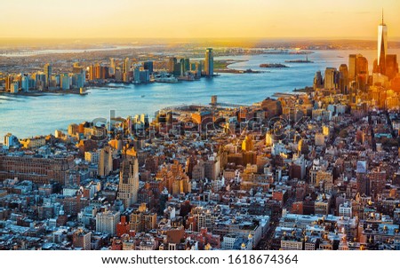 Aerial panoramic view on Skyline with Skyscrapers in Downtown and Lower Manhattan, New York City, America. USA. American architecture building. Panorama of Metropolis NYC. Cityscape. Mixed media.