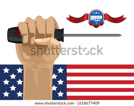 Labor day poster with text and construction tools - Vector
