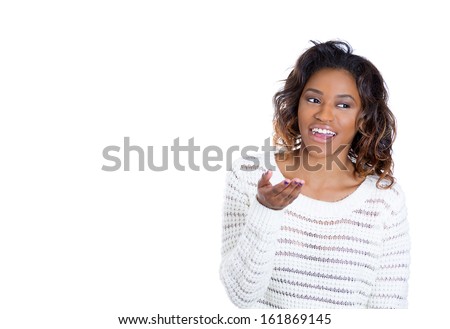 Closeup portrait of smiling beautiful woman gesturing with open palms and asking question, isolated on white background with copy space. Positive emotions facial expressions