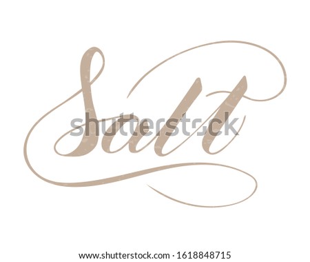 Vector hand written salt text isolated on white background. Kitchen healthy spices for cooking. Script brushpen lettering with flourishes. Handwriting for banner, poster, product label