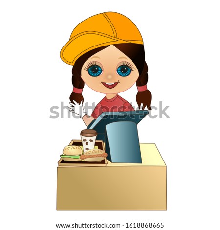 seller girl dressed in a rose T-shirt and a yellow cap in the diner sold a hamburger and a drink and waves his hand, showing that the cash desk is free, emoticon on white isolated background