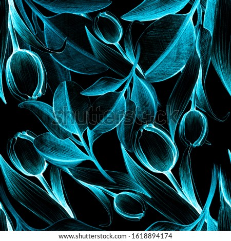 Spring pattern with tulips, pencil, spring flower. March 8. Neon blue Dutch tulips, vintage pencil drawing, hand made graphics. field of tulips. Stock illustration. Background for wallpaper, textile, 