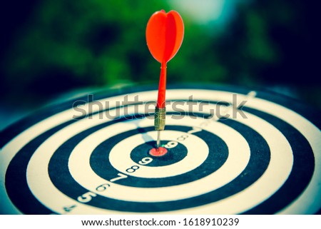 Close up red color arrow in the center of Bullseye or bull's-eye  Visually suggesting an archery target, and hitting the bullseye is a term for an unexpectedly good success.