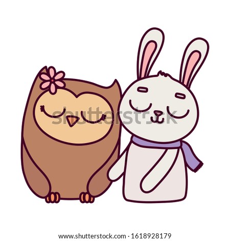 cute animals rabbit with scarf and owl with flower cartoon vector illustration