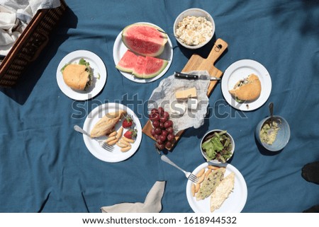 top view of blue picnic tablecloth in nature full of healthy food, cheese board, sandwich and fruit 
