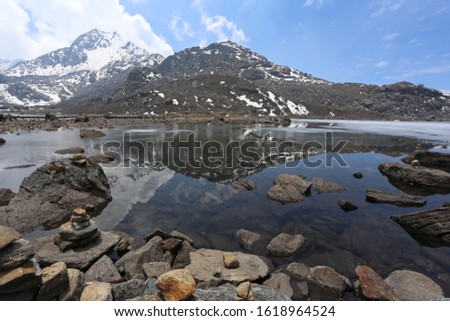 Snow mountains reflected in the calm waters of Gosaikunda lake in Nepal. Stillness, meditative concept image.