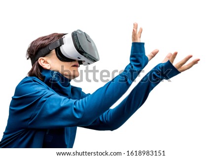 woman in 360 view virtual reality headset playing the game isolated on white background. 3D device gadget for watching movies for travel and entertainment in 3d space.. Cardboard VR AR glasses