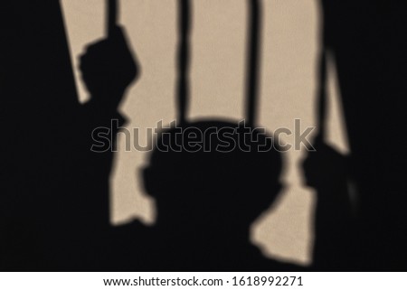 Shadow of captive inside a prison cell projected on a white wall. Royalty-Free Stock Photo #1618992271