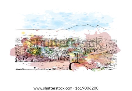 Building view with landmark of Granada is a city in southern Spain’s Andalusia region, in the foothills of the Sierra Nevada mountains. Watercolor splash with Hand drawn sketch illustration in vector.