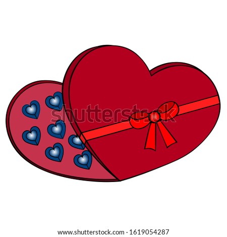 Chocolate. Color vector illustration of chocolate candies. A heart shaped box is tied with a bow. Isolated background. Idea for sticker, book design, magazine. Valentine day. Holiday print.
