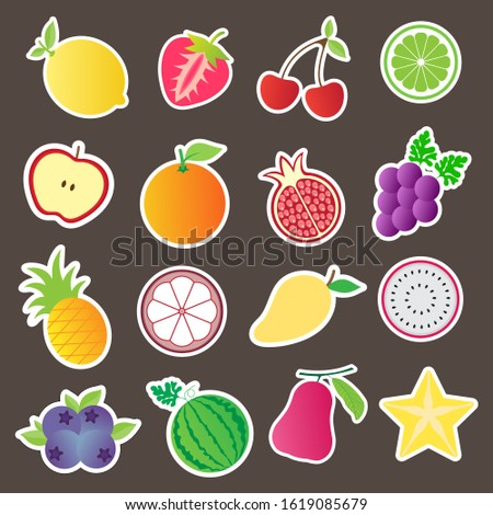 Fruits pattern.Lemon ,strawberry ,cherry ,lime ,rose apple ,orange ,pomegranate ,grape ,pineapple ,mangosteen ,mango ,dragon fruit slice ,bluberry and watermelon.Desing for clipart or print sticker.